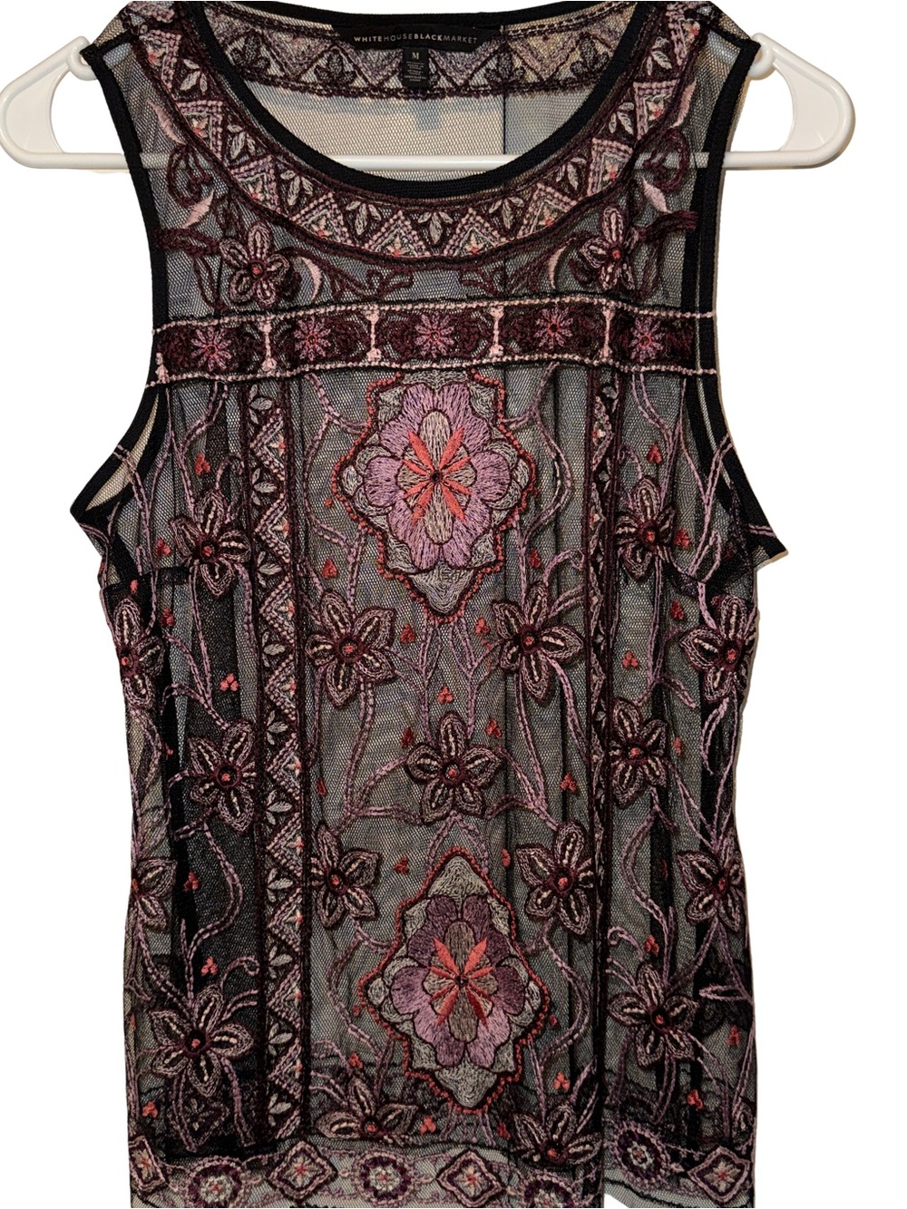 White House Black Market Black Mesh Embroidered Floral Tank with Pink Accents